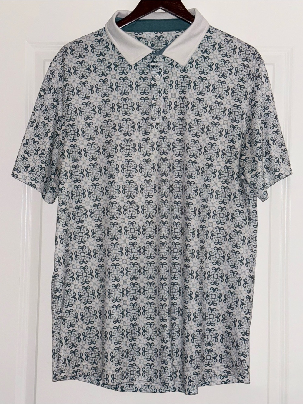 Swannies Shirt Mens XL White Geo Tile Polo Golf Performance Stretch Short Sleeve